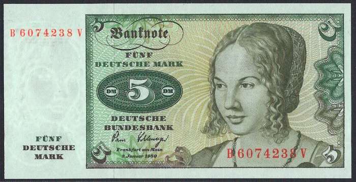 【紙幣】ドイツ連邦共和国　5 Deutsche Mark アルブレヒト・デューラー作『若いベネチアン女性』 1980年