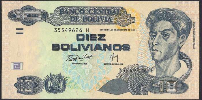 【紙幣】ボリビア 10 Bolivianos 芸術家セシリオグスマンドロハス 2005-2015年