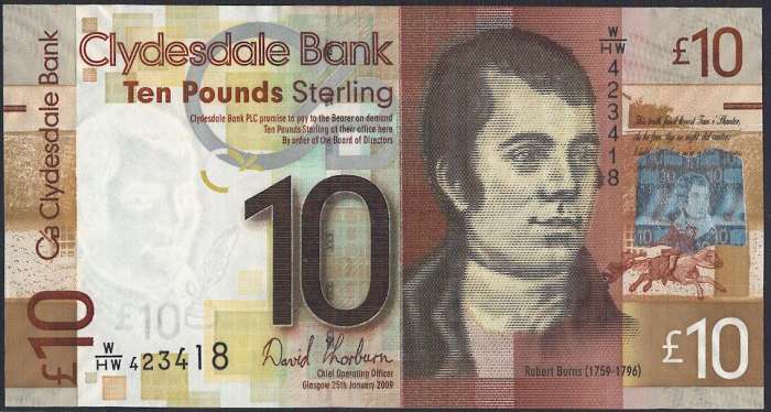 スコットランド発行の 10 pound紙幣です ・発行国：スコットランド ・発行年：2007-2009年 ・サイズ：縦 74mm × 横 142mm ・商品状態：【UNC】未使用または新品（世界基準での未使用状態）です実際にお送りする商品は画像のものとは紙幣番号およびサインが異なる場合があります。 商品の状態は画像のものと同じです。