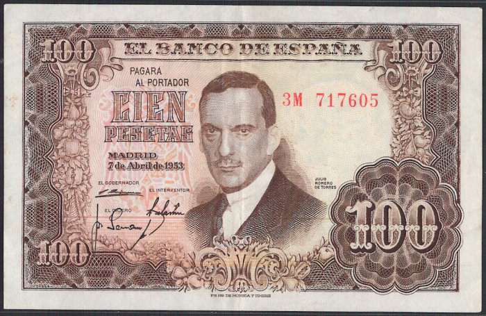 スペイン発行の 100 pesetas 紙幣です。 表面には、画家フリオ・ロメロ・デ・トーレスが描かれています。 裏面は、女性フラメンコ歌手ラ・ニーニャ・デ・ロス・ペイネスが描かれています。（トーレスの作品） フリオ・ロメロ・デ・トレス(Julio Romero de Torres:1874 - 1930)は今世紀始めに活躍したコルドバ出身の画家です。 彼の父は有名な画家ラファエル&middot;ロメロ・バロスで、彼の母親はロサリオ&middot;デ&middot;トレスデルガドです。 フリオ&middot;ロメロはコルドバとマドリッドを拠点として、アンダルシア地方の女性たちを多く描きました。1895年に彼はナショナル&middot;エキシビションで佳作を受賞し、その後1899年と1904年に3位を獲得しています。 フリオ&middot;ロメロ&middot;デ&middot;トレス美術館には彼の重要な作品が展示されています。 ラ・ニーニャ・デ・ロス・ペイネス（La Nina de los Peines、1890年2月10日 - 1969年11月26日）は、スペインの女性フラメンコ歌手です。本名は、パストーラ・マリーア・パボン・クルス（Pastora Maria Pavon Cruz ）。 歌を生業とするジプシー（ロマ）の子として生まれ、父はビソ・デル・アルコール出身の「エル・パイティ」として知られるフランシスコ・パボン・クルス、母はアラアル出身のパストーラ・クルス。二人の兄弟トマス・パボンとアルトゥーロ・パボンも共に歌手でした。 フラメンコすべてに精通した完璧なフラメンコ歌手でしたが、特にシギリージャ、タンゴ、ペテネーラ、ブレリーア及びソレアで傑出した存在で、更に、バンベーラなどの新しいスタイルも生み出しました。 1969年11月26日永眠。彼女の葬儀には、セビリアの街並が花束を持つ人々で埋まったと報じられました。 ・発行国：スペイン ・発行年：1953年 ・サイズ：縦 87mm × 横 138mm ・商品状態：【XF+】わずかな汚れ等があるが非常に優品です実際にお送りする商品は画像のものとは紙幣番号およびサインが異なる場合があります。 商品の状態は画像のものと同じです。