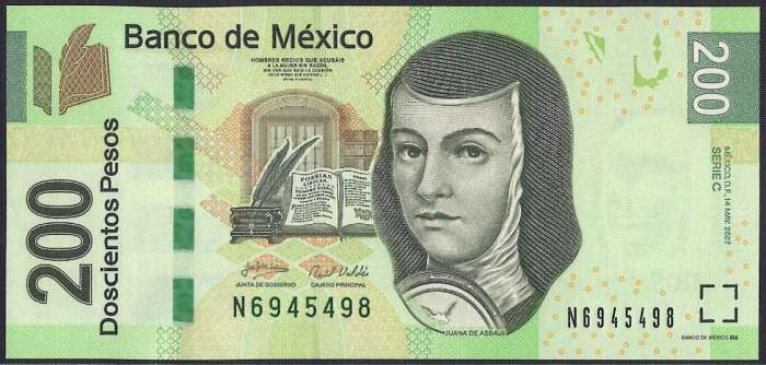 【紙幣】メキシコ 200 pesos 宗教家ソルフアナ イネス デ ラ クルス 2007-2013年