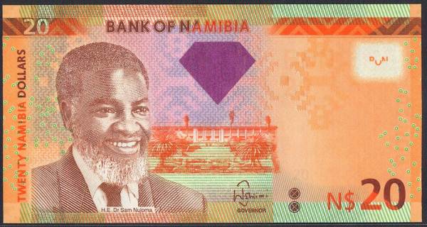 【紙幣】ナミビア 20 dollars 初代大統領サム・ヌジョマ/アカハーテビーストの群れ 2011-2012年