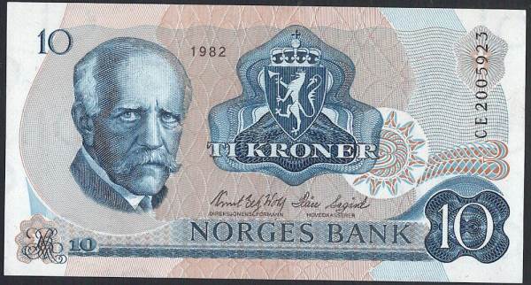 ノルウェー発行の 10 kroner 紙幣です ・発行国：ノルウェー ・発行年：1982年 ・サイズ：縦 65mm × 横 125mm ・商品状態：【UNC】未使用または新品（世界基準での未使用状態）です実際にお送りする商品は画像のものとは紙幣番号およびサインが異なる場合があります。 商品の状態は画像のものと同じです。