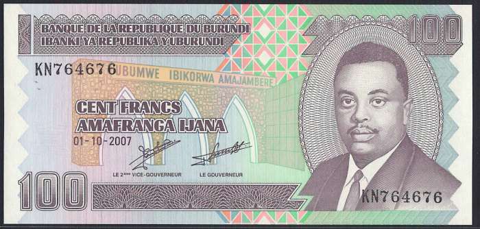 【紙幣】ブルンディ 100 francs ルワガソレ王子 2007-2011年