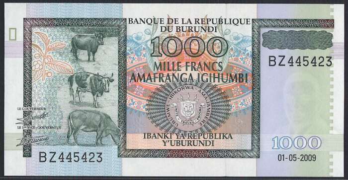 ブルンディ発行の 1000 francs 紙幣です ・発行国：ブルンディ ・発行年：2009年 ・サイズ：縦 69mm × 横 135mm ・商品状態：【UNC】未使用または新品（世界基準での未使用状態)です実際にお送りする商品は画像のものとは紙幣番号およびサインが異なる場合があります。 商品の状態は画像のものと同じです。