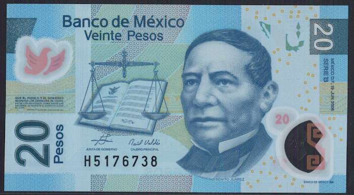 【紙幣】メキシコ 20 pesos B.Juarez ポリマー 2006-2012年 ポリマー紙幣