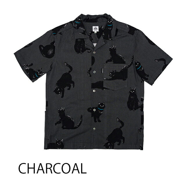 【店内全品P10倍!要エントリー9/24まで】リンプロジェクト 【2296】シャノアシャツ 黒猫プリント チャコール 創業40周年記念 バックポケット付き開襟シャツ