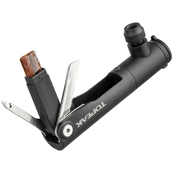 チューブレスタイヤ対応のコンパクト修理キットです。プラグツール、ナイフ、3.5mm補修プラグ×2本、収納ボックスを一体化。プッシュ式CO2インフレーター内蔵（カートリッジ別売）で、パンク修理から空気補充まで1本でこなせます。エンジニアリング グレード ポリマー/クロム バナジウム ツールステンレス製 リーマー/プラグツールステンレス製 ナイフリペアプラグ収納ボックス3.5mm厚 リペアプラグ2本付属仏式専用口金トピーク製 ネジ付 16g/25g CO2カートリッジ対応サイズ：L100×W26×H45mm重量：76g商品のカラー・サイズについて商品のカラーはディスプレイの種類等により、実物と異なって見える場合がございます。掲載商品の仕様、ロゴ等のデザインは改良のため、変更される場合がございます。また、メーカーが発表していない寸法や個人的なフィット感についてはお答えいたしかねます。あらかじめご了承ください。沖縄県への送料について 沖縄県への発送に送料無料は適用されません。購入金額に関わらず1,650円（税込）が通常送料に別途加算されます。