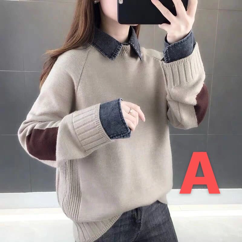 セーター ニット 秋冬 レディース かわいい 可愛い ゆったり 重ね着風 重ね着 襟付き おしゃれ カジュアル キャメル ブラック オフホワイト ブルー グレー (5色S-3XL)LUBA103