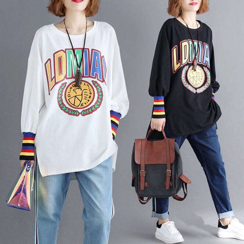 乐天商城 - Tシャツ トップス 体型カバー 薄手 レディース ロング 春秋 長袖 プリント 大きいサイズ ゆったり LUCA009(3色M-3XL)