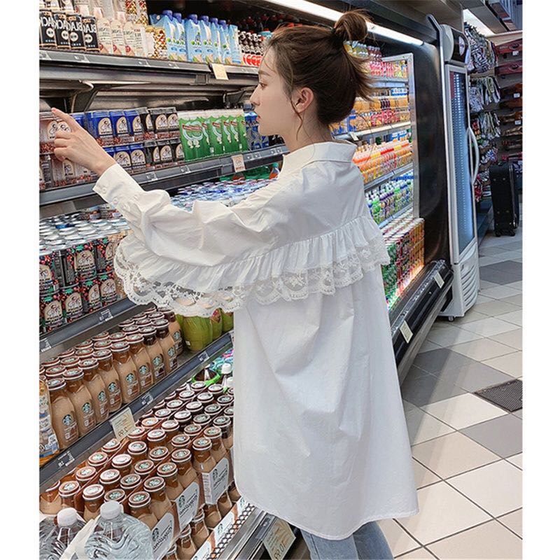 乐天商城 - レディース シャツ 無地 春秋 ゆったり 片側フリル ロング レース 大きいサイズ フリルトップス シャツチュニック 白 大人かわいい チュニック 春服 体型カバー トップス ロングシャツ 襟付きシャツ シンプル ブラック ホワイト 黒 10代 20代 30代 40代 50代 LUDA131