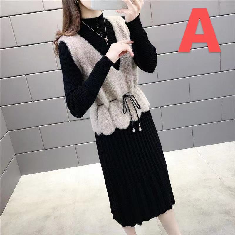 棉花 - レディース セットアップ ベスト+ニットワンピース 2点セット 春秋冬 ゆったり 可愛い 長袖 ロングワンピース LSDA079(5色S-3XL)