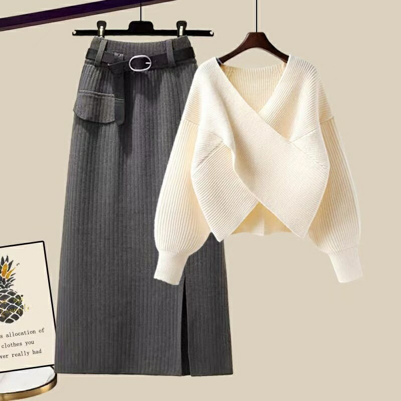 レディース セットアップ セーター+スカート 2点セット ニットスカート 冬 長袖 ゆったり vネック カシュクールニット レディースセットアップ 可愛いセットアップ カシュクール かわいい 大きいサイズ 体型カバー 無地 シンプル 通勤 大人 かわいい LSFA056(4色M-4XL)