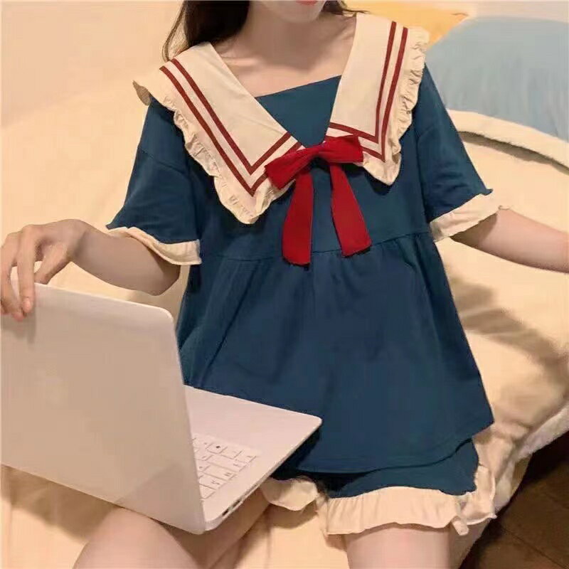乐天商城 - レディース パジャマ ルームウエア 上下セット リボン付き トップス+パンツ 夏 ゆったり セットアップ 可愛い 2点セット 半袖 薄手 M L XL 2XL SLPA013