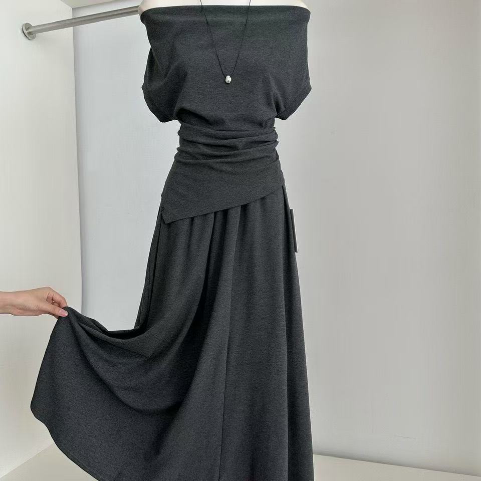 乐天商城 - 上下セット セットアップ レディース 夏 半袖Tシャツ+ロングスカート 2点セット 夏物 無地 シンプル 肩だし 伸縮性 ストレッチ スリム 半袖 ゆったり ルームウェア 部屋着 お出かけ カジュアル シンプル 可愛い SLSD010(2色S-XL)