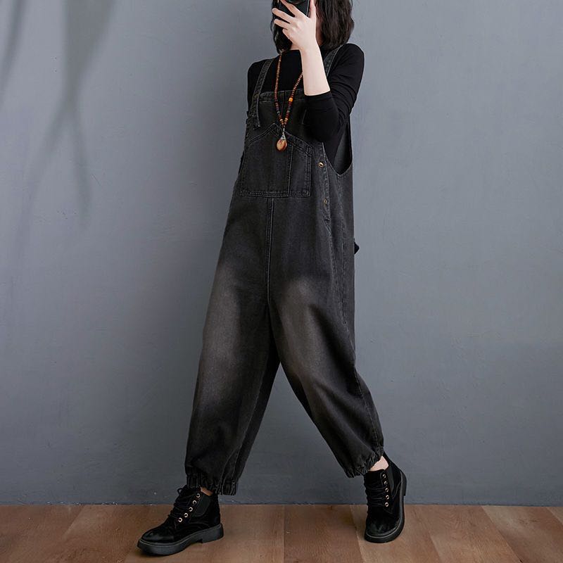 レディース オーバーオール 無地 サロペット ハイウエスト7分丈 美脚 ゆったり(2色M-2XL)LPBA009