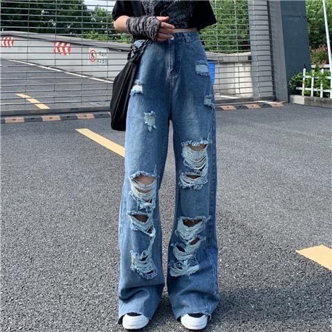 레이디스 데님 팬츠 청바지 데미지 가공 봄 여름 느긋하게 큰 사이즈 LPEA007 (S-5XL)