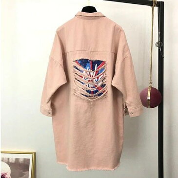 デニムシャツ 薄手 ロングシャツ レディース アウター ダメージ 長袖 春秋 ゆったり LCCA006(3色S-XL)