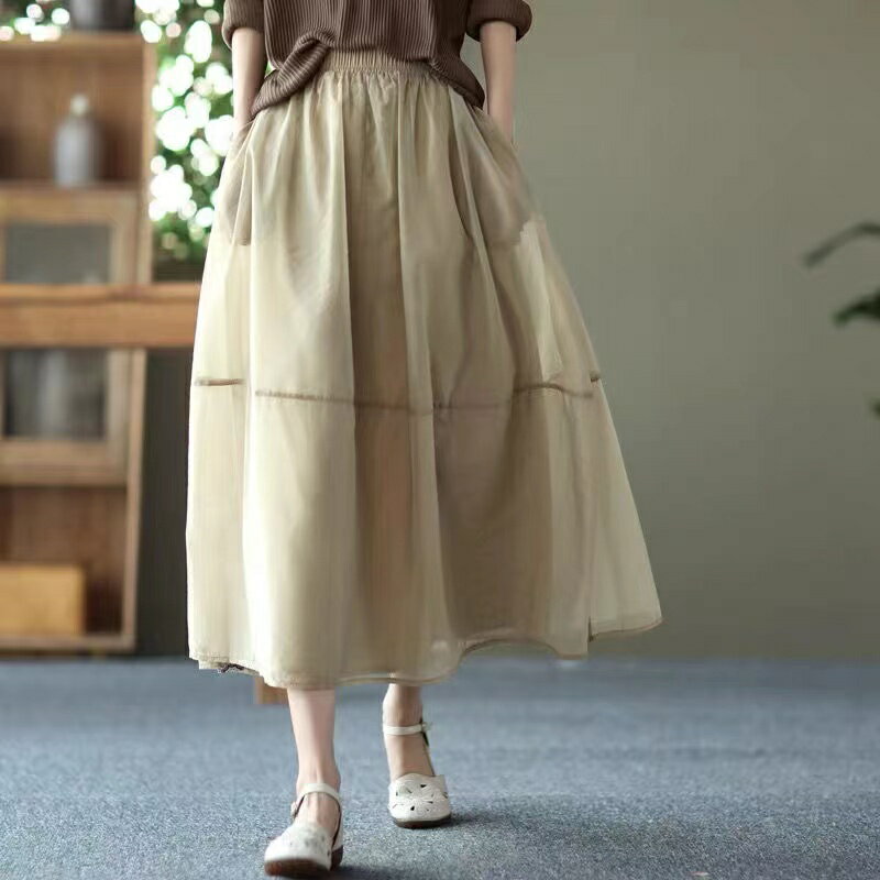 乐天商城 - レディース ロングスカート 春夏 ハイウエスト 通勤 薄手 可愛い 無地 カーキ 杏色 ブラック M L XL SLKA017