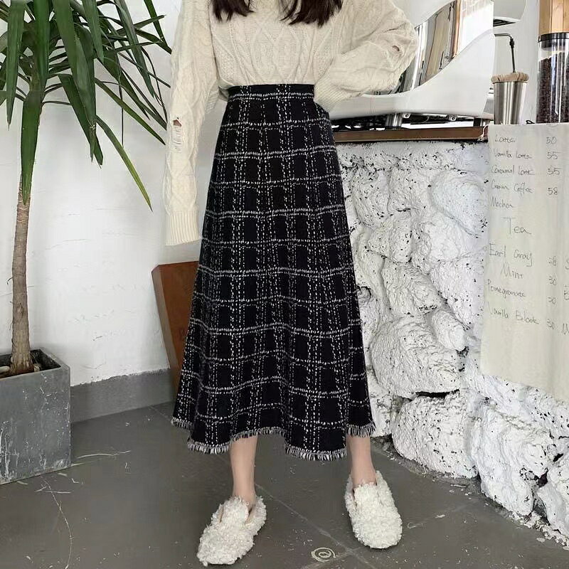 乐天商城 - レディース ニットスカート ロング 秋冬 チェック柄 通勤 厚手 ボトムス 可愛い S M L XL 2XL SLKA039