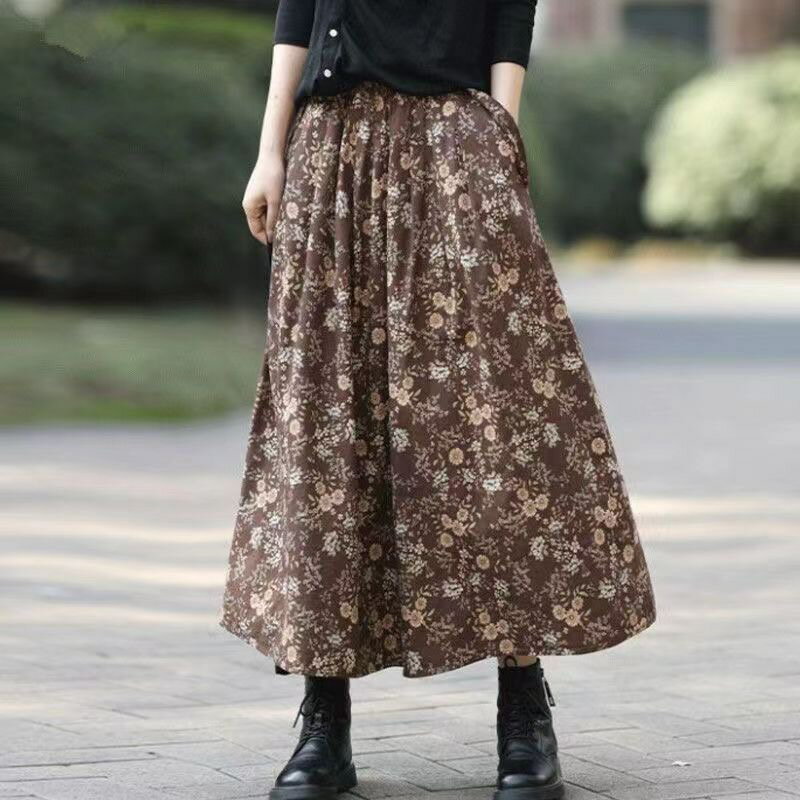 乐天商城 - スカート レディース 春 秋 薄手 ロングスカート Aラインスカート ボトムス 花柄 総柄 美脚 ウェストゴム カジュアル おしゃれ 体型カバー 大きいサイズ SLKB031(2色L-5XL)