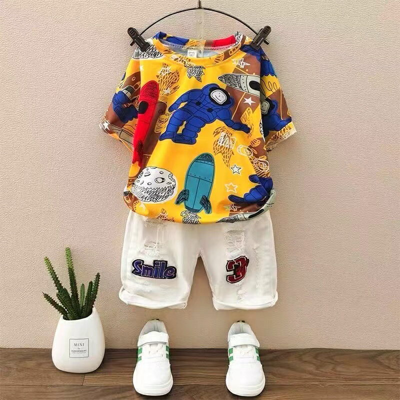 乐天商城 - キッズ 子供服 Tシャツトップス 男の子 シャツ 半袖 総柄 薄手 春夏 ゆったり 可愛い ジュニアイエロー グリーン100 110 120 130 140 150 KUFA017
