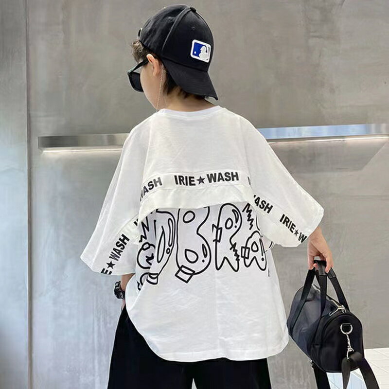 乐天商城 - キッズ 子供服 Tシャツ トップス カジュアル 男の子 春夏 ゆったり 可愛い ジュニア 半袖 英文字 薄手ホワイト ブラック120 130 140 150 160 KUFA019