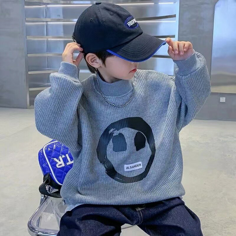 乐天商城 - キッズ 子供服 トレーナー トップス カジュアル 男の子 春秋 ゆったり 可愛い ジュニア 丸首 長袖 英文字 スマイル柄 KUFB003