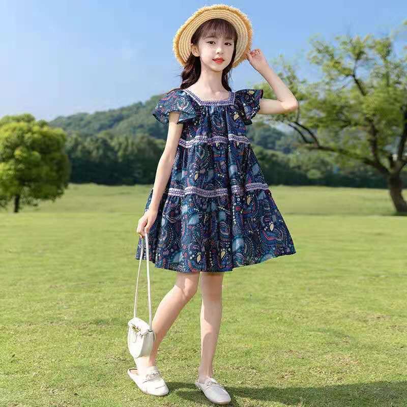 乐天商城 - キッズ 子供服 ワンピース 夏 ゆったり 可愛い 総柄 ジュニア ノースリーブ 薄手 シフォン プリンセス110 120 130 140 150 160 KWFA049