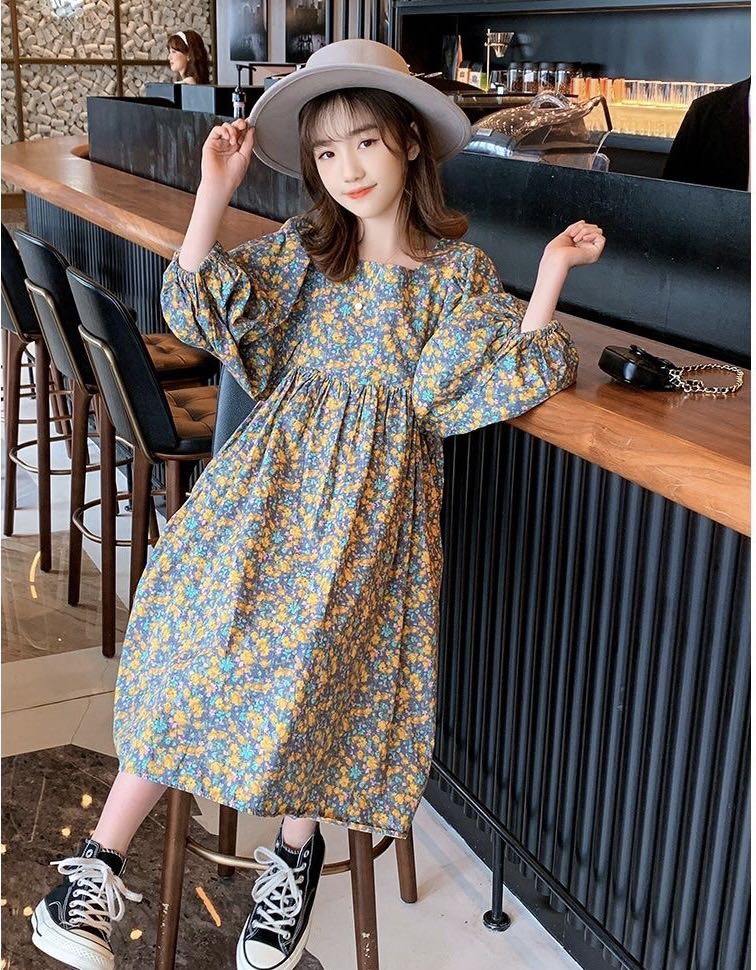 乐天商城 - キッズ 子供服 ワンピース ロングワンピース 女の子 花柄 夏 ゆったり 可愛い ジュニア 七分丈袖 薄手 プリンセス 120 130 140 150 160 170 KWFA050