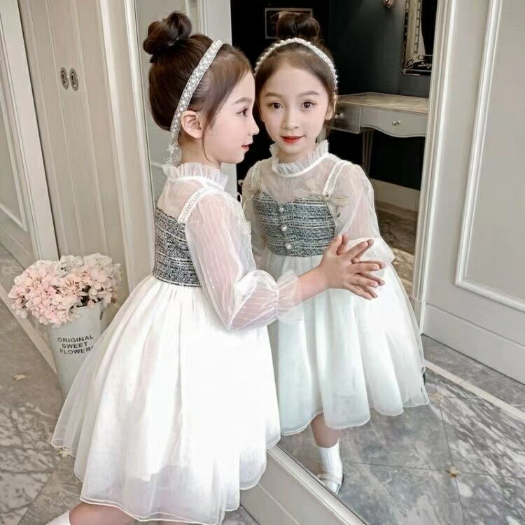 乐天商城 - キッズ 子供服 チュールワンピース ドレス 子どもワンピース 子供ワンピ キッズドレス プリンセスワンピース キッズワンピース 女の子 ゆったり 可愛い 長袖 プリンセス 発表会 お出かけ おめかし シフォン リボン ツイード ベージュ ピンク ブラック KWFB012（2色100-150）