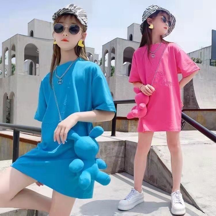 乐天商城 - キッズ 子供服 Tシャツワンピース 縫いぐるみ付き カジュアル 女の子 春夏 夏 ゆったり 可愛い ジュニア 丸首 半袖 薄手 プリンセス KWFB033