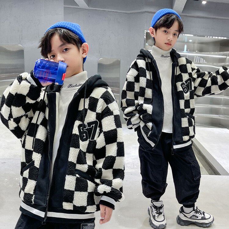 乐天商城 - キッズ 子供服 ボアコート チェックコート 厚手裏起毛 アウター カジュアル 男女兼用 秋冬 ゆったり 可愛い ジュニア 長袖 フード付き KCFA065