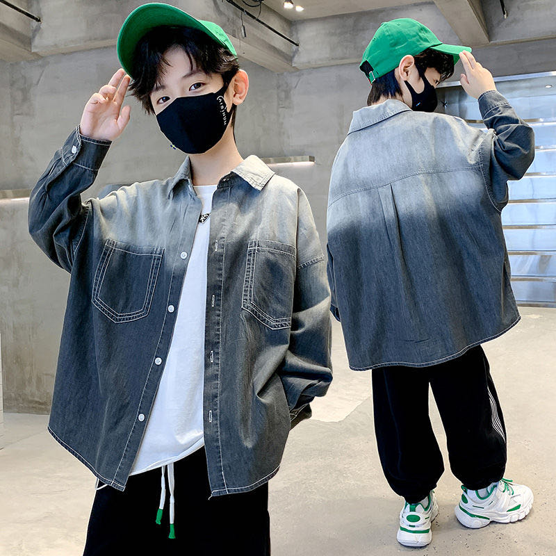 乐天商城 - キッズ 子供服 襟付き シャツ 男の子 グラデーションシャツ グラデーション デニム風 デニムシャツ キッズシャツ キッズ服 秋服 長袖シャツ 羽織もの 羽織り アウター カジュアル ゆったり 可愛い ジュニア 長袖 薄手 ブルー ブラック 青 黒 120 130 140 150 160 170 KCEB023