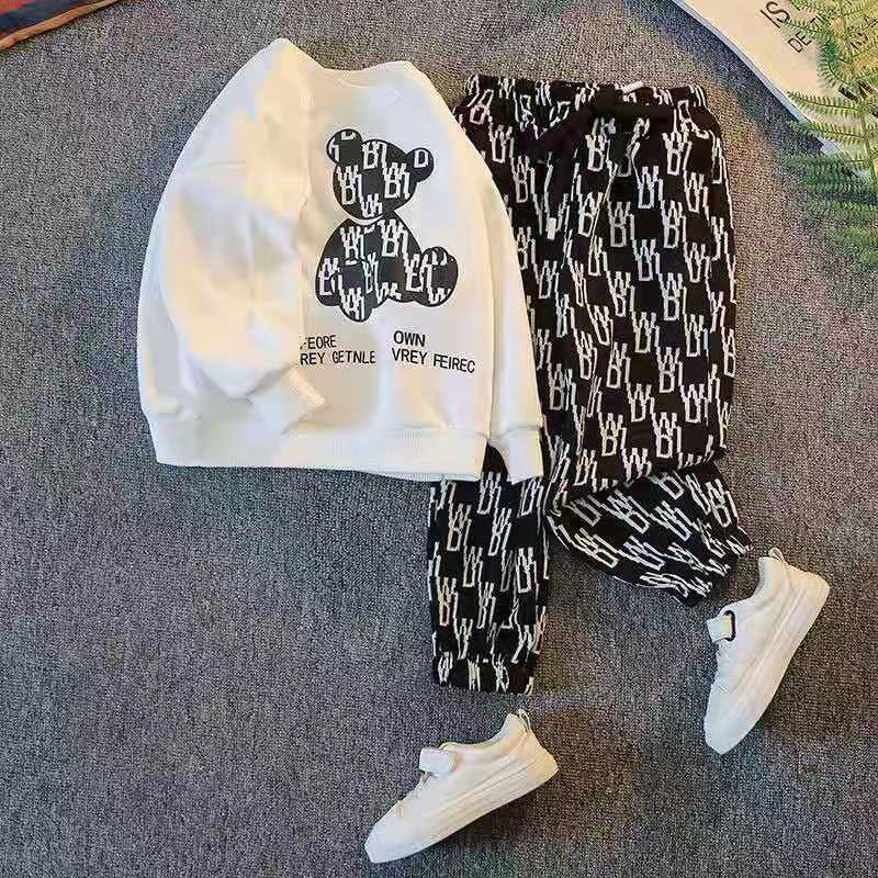 乐天商城 - 子供服 キッズ セットアップ トレーナー スウェット 上下セット スポーツウエア クマ柄 トップス + パンツ 2点セット 春 秋 黒 グレー 白 ブラック ホワイト 兄弟 お揃い ペアルック ダンスウェア ダンス 90 100 110 120 130 140 150 160 KSEA012