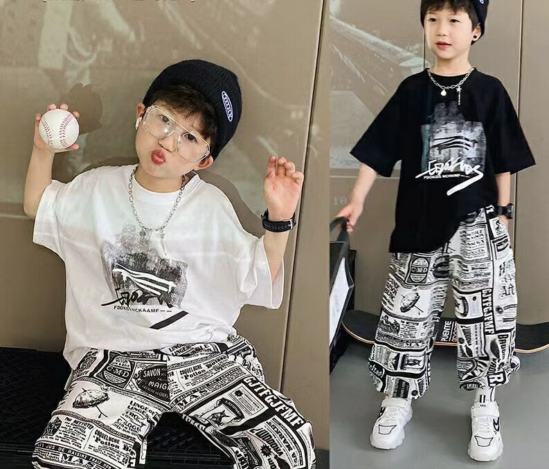 キッズ 子供服 セットアップ 上下セット Tシャツ+パンツ カジュアル 男の子 夏服 ストリート ダンス 練習着 キッズダンス 衣装 総柄パンツ ゆったり 可愛い ジュニア 半袖 薄手 モノトーン 白 黒 おしゃれ かっこいい ホワイト ブラック 110 120 130 140 150 160 170 KSFA031