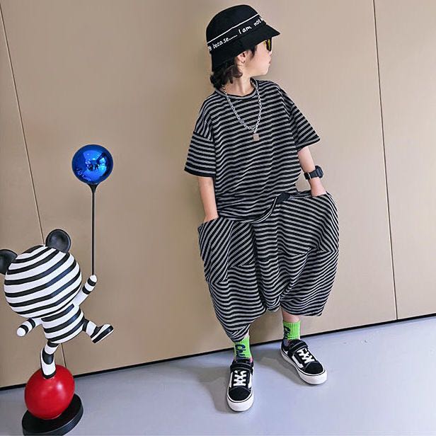 乐天商城 - キッズ 子供服 トップス+パンツ 2点セット カジュアル セットアップ 上下セット 男の子 春夏 ゆったり 可愛い ジュニア 半袖 薄手 ボーダー柄 110 120 130 140 150 160 KSFA055