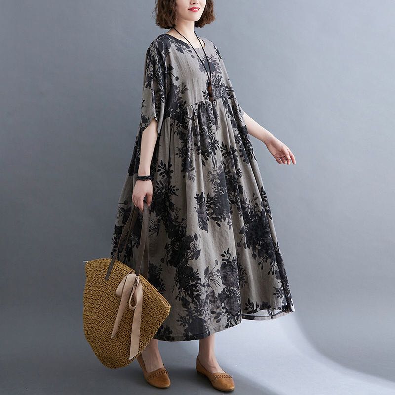 乐天商城 - レディース ロングワンピース 夏 ゆったり 半袖 大きいサイズ 丸首 総柄 おしゃれ 可愛い LWDA129
