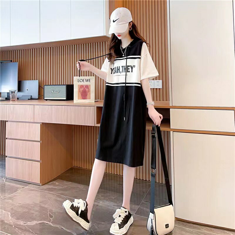 Tシャツワンピース レディース 夏 ゆったり 半袖 フード付き 英文字 重ね着風 カジュアル 可愛い 薄手 ブラック グレー コーヒー M L XL 2XL SLWA060