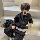 KSEA287キッズ 子供服 トップス+パンツ 重ね着風 セットアップ カジュアル 男の子 春秋 ゆったり 可愛い ジュニア 英文字 長袖 （100-160)