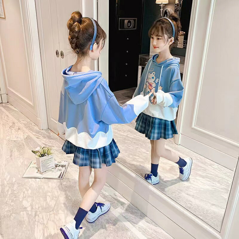 乐天商城 - 子供服 キッズ 上下セット セットアップ 春秋 トップス+スカート 2点セット チェック柄スカート 女の子 フード付き こども服 子ども服 長袖 かわいい カジュアル ゆったり KSFA112