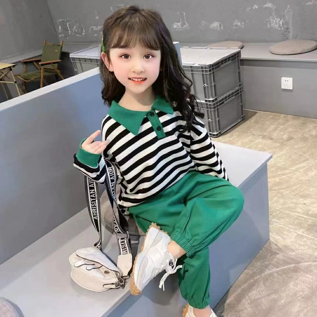 乐天商城 - キッズ 子供服 セットアップ 2点セット トップス+パンツ カジュアル 女の子 春秋 ゆったり長袖 薄手 ボーダー柄 KSFB003