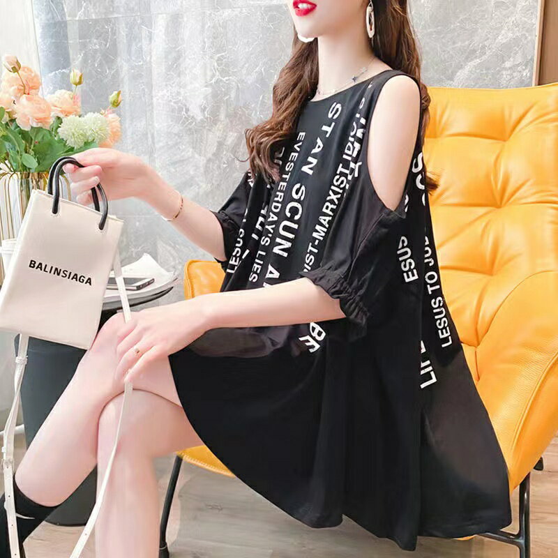 Tシャツ レディース 夏 ゆったり 半袖 トップス 可愛い 丸首 肩出し フレアトップス カジュアル チュニックワンピース 肩あき 肩開き ラッフル セクシートップス ロゴトップス 肩出しトップス 大きめTシャツ 夏ワンピースレディース ホワイト 黒 ピンク M L XL 2XL SLUA131