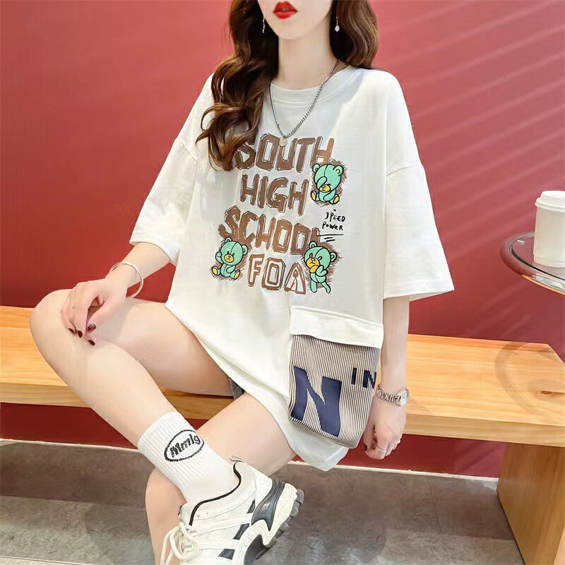 乐天商城 - Tシャツ レディース 夏 ゆったり 半袖 トップス 英文字 カジュアル 薄手 クマ柄 通勤 ホワイト ブラック カーキ M L XL 2XL SLUA154