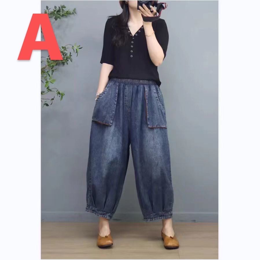 乐天商城 - デニムパンツ レディース 大きいポケット ワイドパンツ 九分丈 ウエストゴム デニム ハイウエスト ゆったり ジーンズ ゆったりめ 大きめ ゆったりサイズ ボトムス パンツ ズボン 大きいサイズ LPEA027(2色M-3XL)