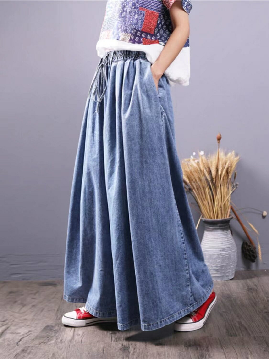 가우쵸 팬츠 레이디스 데님 데님 팬츠 청바지 와이드 팬츠 데님 스카쵸 스칸트 큰 사이즈 어른 라쿠찐 웨스트 고무 포켓 첨부 큰 느긋하게 락 치 무지 봄 가을 어른 세련된 LPFA002(M-2