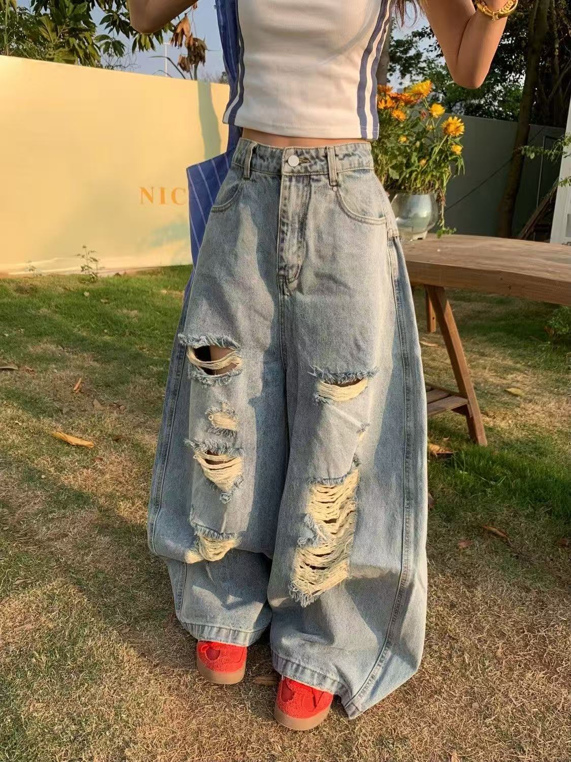 乐天商城 - ジーンズ デニムパンツ レディース ダメージ加工 ロングパンツ ボトムス ハイウエスト 大きいサイズ ゆったり 体型カバー ストリートファッション ダメージデニム ダメージ ハイウエストデニム レディースデニムパンツ 夏 秋 着痩せ 美脚 楽チン カジュアル LPGA033(S-4XL)