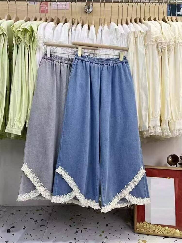 七分牛仔褲 - ワイドパンツ ウエストゴムパンツ 夏ズボン レディース デニム デニムパンツ デニム スカンツ 九分丈 スカンツレディース 体型 カバー スカンツ 大きいサイズ カジュアル 大きめ ゆったり 無地 ゆったりズボン プラスサイズ 大人 おしゃれ お出かけ LPGA035(2色L-4XL)