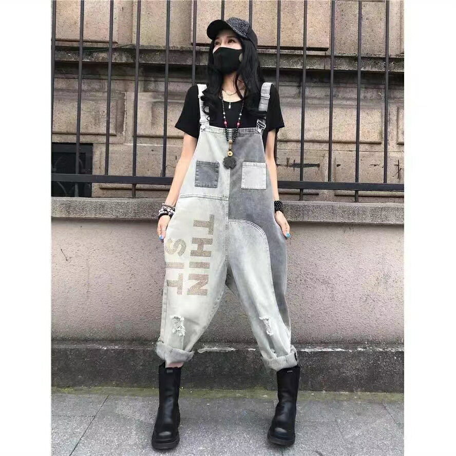 オーバーオール デニム サロペット レディース 夏 ゆったり 九分丈 ダメージ加工 薄手 可愛い カジュアル 英文字 ブラック ホワイト M L XL 2XL SLTA045