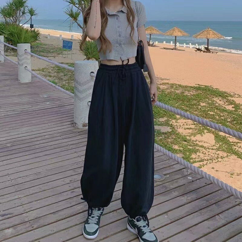 乐天商城 - レディース ワイドパンツ スポーツウエア カジュアル パンツ 夏秋 ゆったり 薄手 九分丈 ウエストゴム 可愛い ボトムス スポーツパンツ 英文字 ブラック グレー M L XL 2XL SLTA055